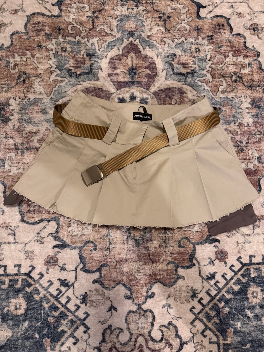 Poster Girl Khaki/Beige Pleated Mini Skirt with Utility Belt